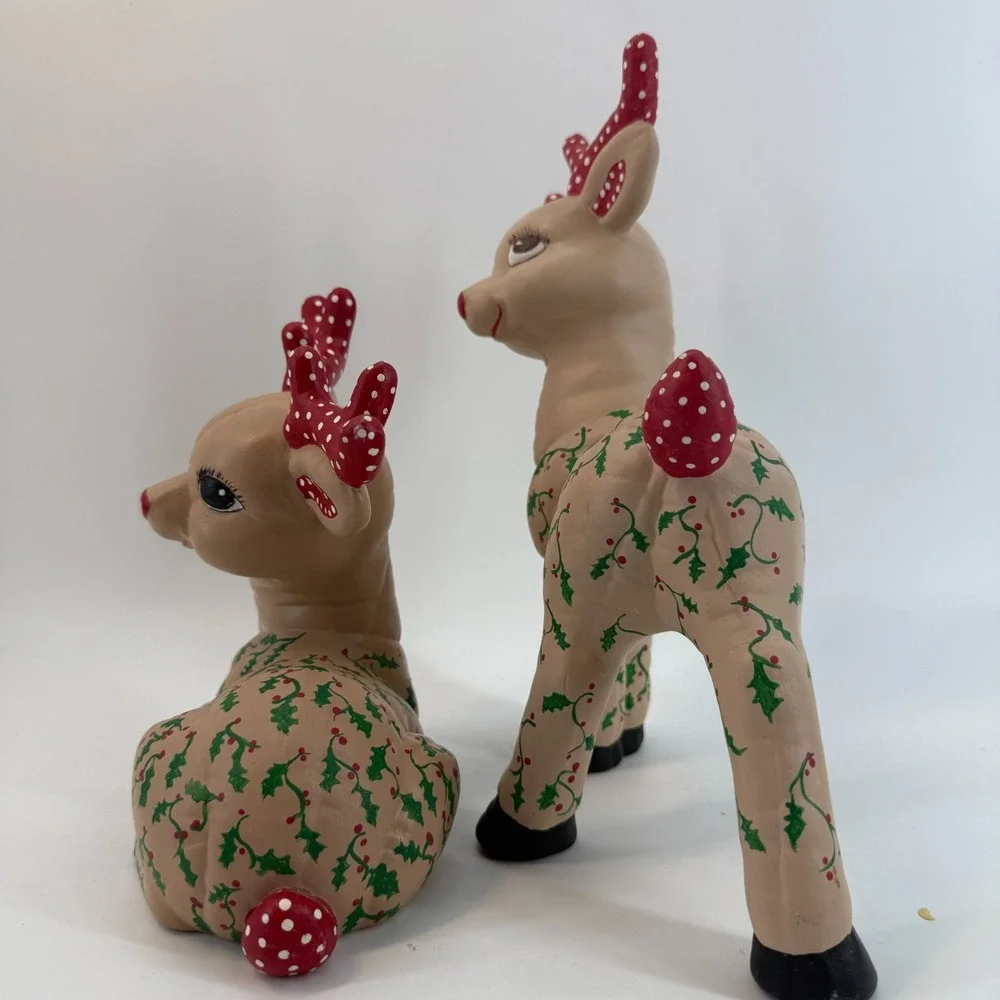 Vintage Kimple Ceramic Molds Christmas Quilted Reindeer Set Figurines Polka Dots